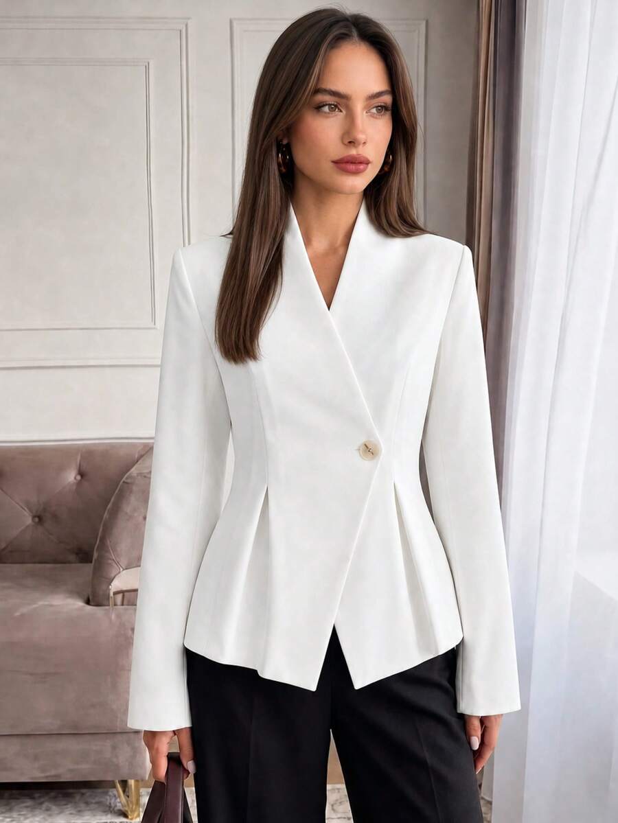 SUNSTORY Women's White Waist-Cinched Ruffle Blazer, V-Neck Single-Button Long Sleeve Pleated Suit Jacket, Suitable For Office Commute - White - View 1