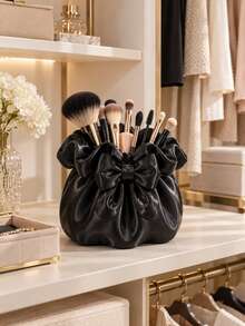 1pc Drawstring Satin Large Bow Makeup Brush Storage Bucket, Elegant Desktop Cosmetic Organizer, Vanity Bathroom Decor Makeup Storage Box, Multifunctional Storage Bucket For Beauty Tools And Small Accessories, Bathroom Accessories, Toothbrush - Multicolor - View 9