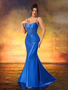 Women's Royal Blue Satin Long Dress, Rhinestone V-Neck Backless Design, High Waist Pleated Spaghetti Strap High Slit Design, Backless Tie Design - Royal Blue - View 5