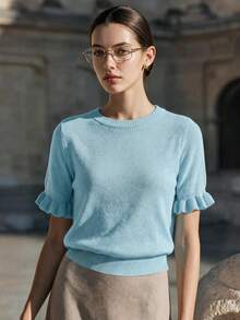 Women's Casual Yellow Round Neck Ruffle Short Sleeve Loose Fit T-Shirt, Spring/Summer Style, Suitable For Dating And Daily Wear - Baby Blue - View 2