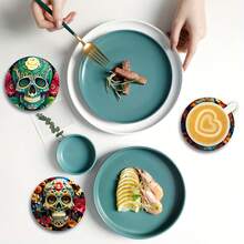 Halloween Wooden Round Coasters, Colorful Candy Skull & Floral Pattern Heat-Resistant Pads, Suitable For Home Kitchen Dining Table Party, Winter Holiday, Protect Desktop Decor, Halloween Decoration Gift - Coaster LDX2752 - View 4