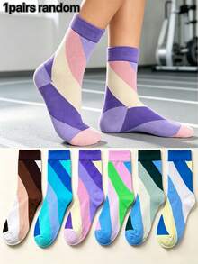 6 Pairs Geometric Color Block Diagonal Stripe Mid-Calf Socks, Unisex All-Season Sports Versatile Socks - Multicolor - View 5