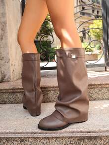 1 Pair Women's European & American Style Buckle Stacked Heel Boots, Pointed Toe Slightly Flared Shaft, Chunky Heel Slimming Versatile Riding Boots, Internet Celebrity Same Style High Tube Long Boots - Mocha Brown - View 3