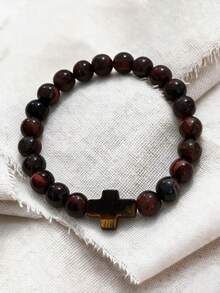Tiger Eye Stone Men's Cross Bracelet, Confidence, Protection, Stability, Strength Boho Style Energy Healing Yoga Meditation Spiritual Jewelry Unisex - Multicolor - View 4