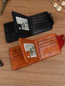 Vintage Style Men's Faux Leather Portable Short Wallet, Unique Dollar Bill Pattern Design, Bi-Fold, Ultra-Thin Multi-Card Slot Card Holder, Fashionable & Practical, Suitable For Both Men And Women, Ideal For Daily Use, Perfect Gift Choice For Friends And Family On Holidays - Multicolor - View 3