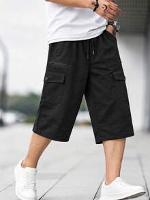 1pc Men's Sports Minimalist Style Multi-Pocket Zipper Drawstring Loose Casual Capri Length Shorts - Black - View 9