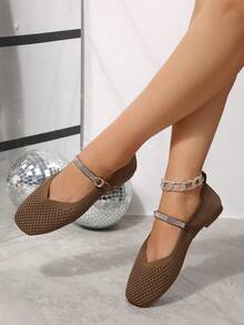 One-Strap Mary Jane Flat Shoes, Mesh Upper, Ankle Strap With Rhinestone Decoration - Brown - View 5