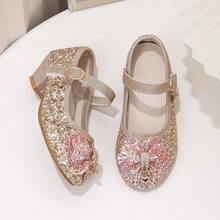 Sparkling Sequin Girls Princess Shoes, Fine Glitter Bowknot With Rhinestone Heart Pendant, One-Strap Magic Hook & Loop Closure, Easy On & Off, Suitable For Performance, Birthday Party, Dress Matching - Champagne - View 5