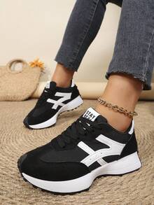 Women Casual Sneakers, Lace Up Closure, Layered Panel Design - Black - View 7