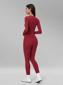 MFVIM Women's Autumn/Winter New Solid Color Long Sleeve + Long Pants 2 Pieces Yoga Sports Pilates Set - Cherry Red - View 9