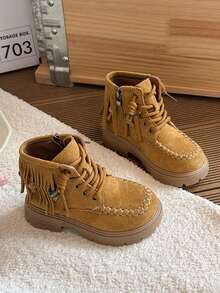 Tassel Beaded Decor Children's Ankle Boots Autumn Thick Sole Comfortable Toddler Lace-Up Side Zipper Boots - Camel - View 4