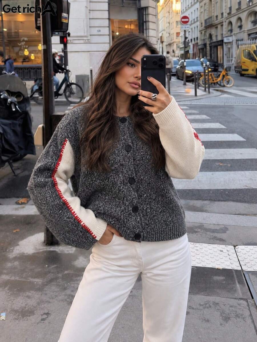 Women's Urban Casual Knit Cardigan, Elegant Grey Patchwork Loose Knit Sweater, Comfortable Versatile Design For Autumn/Winter, Handmade With Rope Buckle Decor, Round Neck Long Sleeve Knitted Cardigan - Dark Grey - View 1
