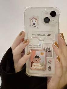1 pc Casing HP Lembut Anti-Jatuh Motif Kartun Lukisan Minyak dengan Tempat Kartu, Kompatibel untuk iPhone 14/13/12 - MultiWarna - View 1