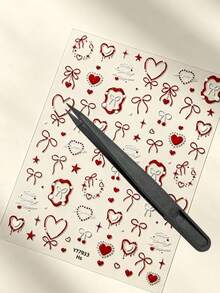 1 Set d'autocollants de style doux, beaux motifs romantiques de cœur rouge et de nœud, convient pour décorer les coques de téléphone, les appareils photo, les bouteilles d'eau et les accessoires électroniques - Autocollant nœud papillon cœur vintage rouge - Voir 8