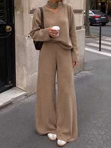 Live To Mo Women's V Neck Knit 2‑Piece Outfit, Loose Long Sleeve Sweater Top & Wide‑Leg Trousers, Simple Elegant Suit For Fall Daily & Commute Wear - Khaki - View 1