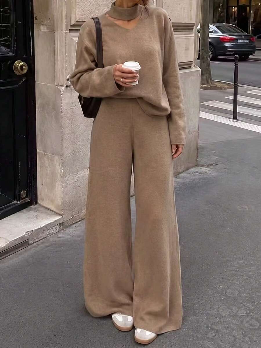 Live To Mo Women's V Neck Knit 2‑Piece Outfit, Loose Long Sleeve Sweater Top & Wide‑Leg Trousers, Simple Elegant Suit For Fall Daily & Commute Wear - Khaki - View 1