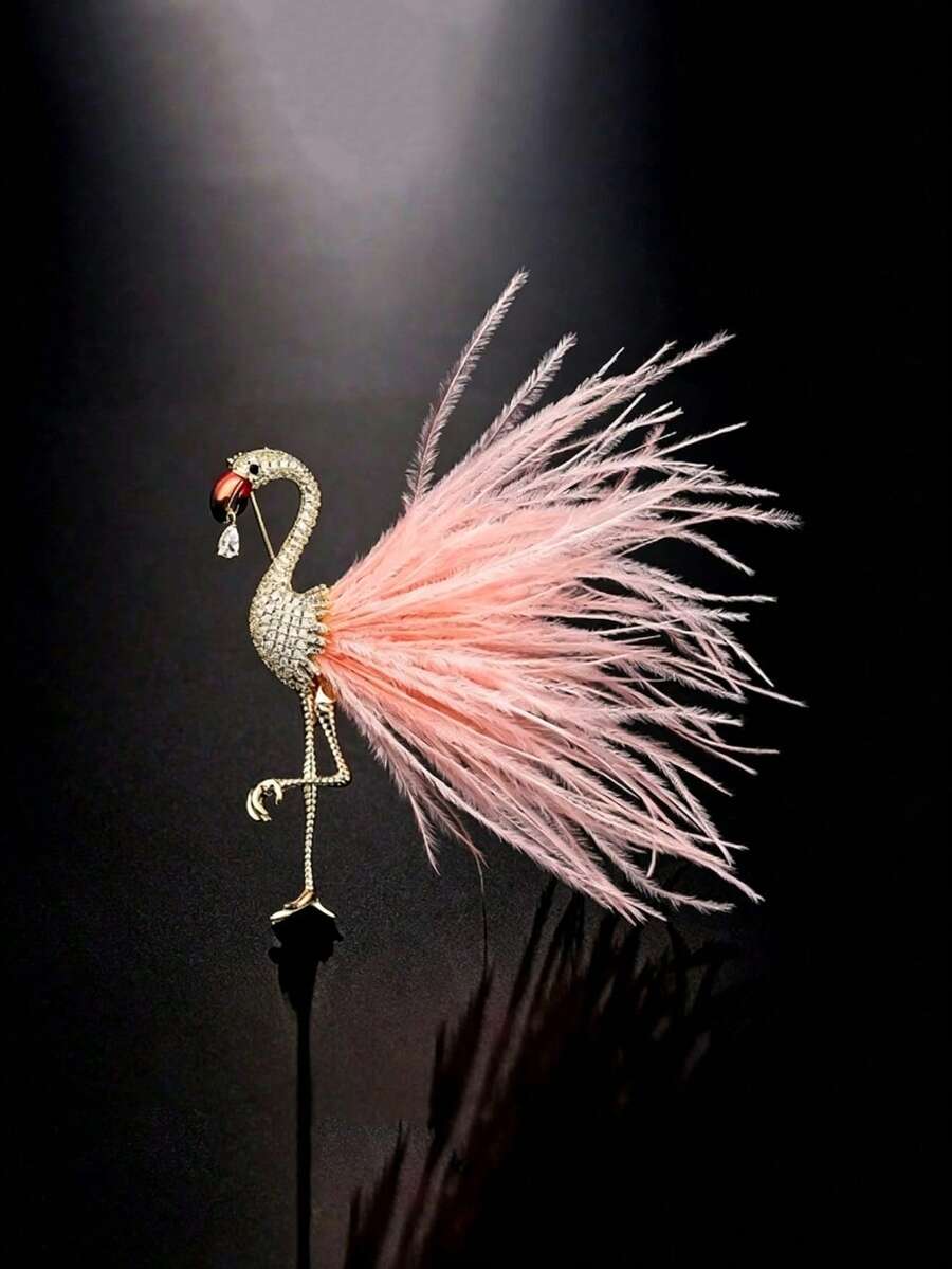 1pc Christmas Valentine's Day Creative Fashion Elegant Exquisite Luxury Personalized Feather Flamingo Brooch Pin Gift High-End Rhinestone, Artificial Feather Brooch Clothing Accessory Jewelry - Gold - View 1