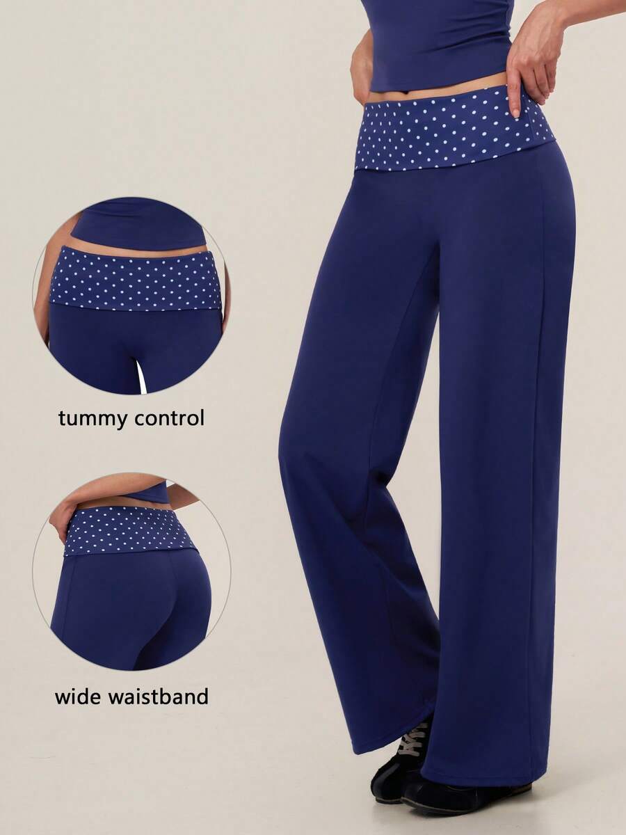 TimeOff Women's 1pc Polka Dot Folded Waist Yoga Running Gym Wide Leg Long Pants, Autumn/Winter - Navy Blue - View 1