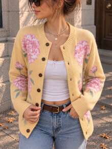 Women Yellow Floral Print Graphic Knit Cardigan, Button Front Long Sleeve Layering Sweater, Casual Fall Winter Fashion Top, Back To School Outfit - Yellow - View 6
