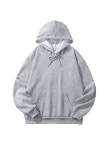 1pc Women's Light Gray Solid Color Drawstring Sweatshirt, Loose Fit Minimalist Pullover Sweatshirt, Suitable For Commuting And Shopping - Grey - View 2