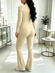 Spring/Autumn Women's 2 Pieces Set, Fashion Slim Fit Solid Color Zip-Up Jacket And Long Pants, Lightweight Polyester Fitness Yoga Fabric Elegant - Light Apricot 170 - View 5