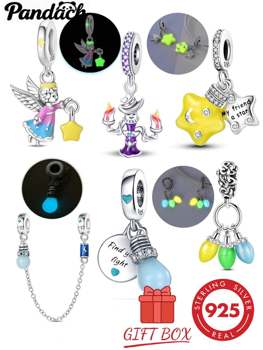 1pc S925 Sterling Silver Glow-In-The-Dark Beaded Pendant, Angel, Wizard, Star, Light Bulb, Colorful Light Multiple Styles, Glow-In-The-Dark Enamel With Rhinestone Details, Comes With Gift Box, Suitable For Bracelet Necklace DIY, Romantic Personalized Commemorative Accessory That Glows At Night - Multicolor - View 1