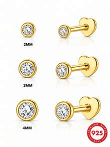 AnlaScheer 1pc 925 Sterling Silver Round Bezel Flat Back Helix Cartilage Piercing Earring, Women's Engagement Wedding Bridal Jewelry - Gold - View 10
