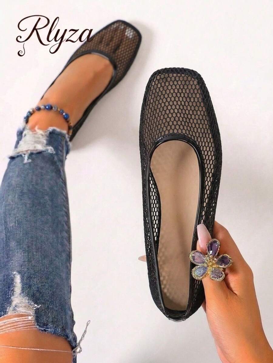rlyza Vintage Mesh Hollow Out Square Toe Low Vamp Breathable Mesh Flat Soft Sole French Style Daily Versatile Commute Women's Shoes - Black - View 1