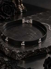 1pc Gothic Stainless Steel Cherry Blossom Flower Leather Choker Necklace For Women, Halloween Jewelry Accessory - Black - View 3