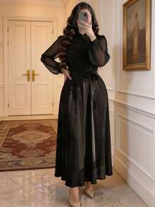 Plus Size Elegant Modest Stand Collar Shiny Fabric Lantern Sleeve Abaya Long Dress Cinched Waist Slimming Belly Cover Muslim Long Robe Party Dress - Black - View 2