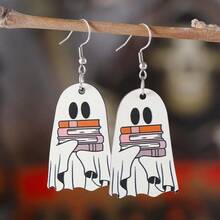 Whimsical Halloween Cute Bookworm Ghost Pendant Earrings, Vintage Wooden Gothic Party Double-Sided Ear Accessories, Bookworm Theme, Spooky Semester Jewelry, Gift For Women, Book Lovers, Party Enthusiasts And Halloween Fans, Library Gothic Style Accessory - Multicolor - View 12