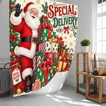 1 buah/4 buah Set Tirai Mandi Multifungsi Motif Kado Santa Claus, Gratis 12 Pengait, Suasana Liburan Premium, Keset Kamar Mandi, Karpet Berbentuk U dan Penutup Toilet Bulat, Cocok untuk Semua Suasana, Set Kamar Mandi - Hadiah Santa - View 2