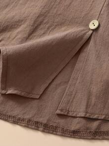 Autumn Women's Vintage Elegant Minimalist Casual College V-Neck Side Button Asymmetrical Hem Loose Long Sleeve Top Wide Leg Wooden Button Pants Two Pieces Set, Commute Office School Tea Party Button Decor Asymmetrical Hem Design Top Wide Leg Pants Long Sleeve Set, Holiday Vacation Outing Versatile Two Pieces Set, Brown, Classic, All-Match, Country, Vacation, Casual Sets For Women - Brown - View 9