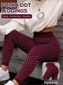 1pc Women's Polka Dot Print Leggings, High Waist Elastic Leggings, Cute Vintage Casual Pants - Burgundy - View 3
