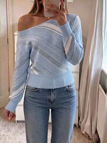 Live To Mo Women's Fashion Blue Striped Off‑Shoulder Knit Top, Casual Elegant Long‑Sleeve Cropped Sweater For Fall Commute & Daily Wear - Colorful Stripes - View 1