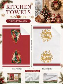 2PCS Kitchen Towels, Golden Deer Christmas Tree Pattern Dish Cloths, Pastoral Style 40*60cm Rectangular Microfiber Cleaning Towels, Perfect For Kitchen, Dining Room And Bathroom Use, Christmas Kitchen Decor, Home Decoration, Housewarming Gift For Neighbors, Scouring Pads Dish Cloths - Red - View 3