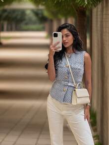Women's Metal Button Decor Ruffle Hem Wide Strap Tank Top, Summer Basic French Style Thin Sleeveless Vest - Dusty Blue - View 2