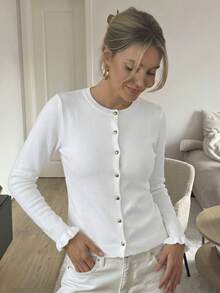 Women's Fall Winter Casual Long Sleeved Metal Buckle Ruffled White Soft And Sticky Knitted Cardigangraduation Back To School Sweater, Going Out Tops - White - View 1