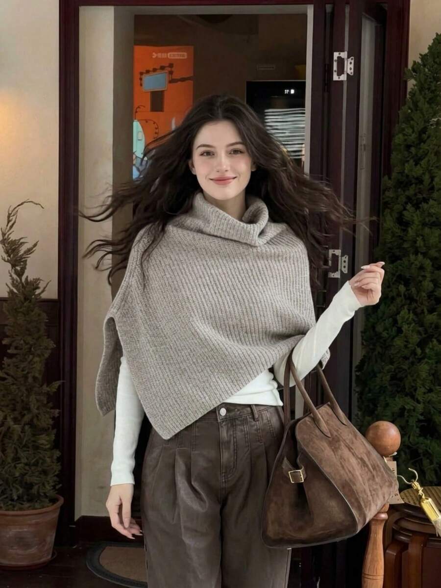 Grey Chunky Knit Turtleneck Cape Shawl For Women, Asymmetrical Hem Sleeveless Overlay, Autumn/Winter Layering Outerwear - Dark Grey - View 1