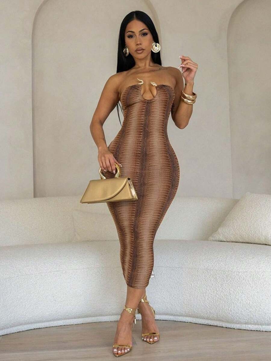SYchuan Sexy Snake Skin Print Bodycon Mini Dress, Fitted Tube Dress For Date Night And Commute Summer Elegant Party Wedding Brown Fall - Brown - View 1