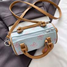 Women's Denim Bucket Handbag, Cherry & Butterfly Print Mini Boston Bag, Detachable Crossbody Strap, Cute Everyday Shoulder Bag - Multicolor - View 2