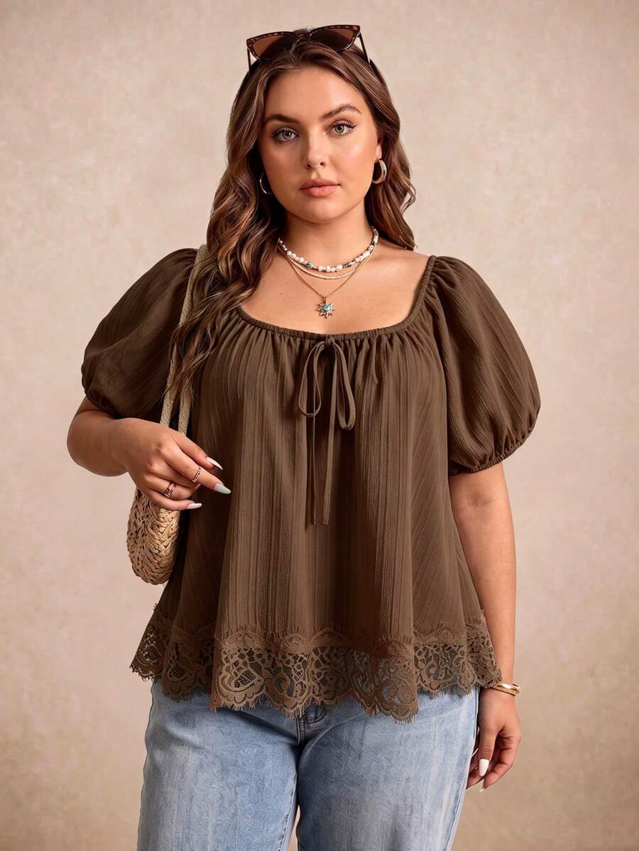 Women's Spring/Summer Bohemian Vacation Casual Brown Lace Trim Short Sleeve Top, Suitable For Autumn/Winter - Brown - View 1