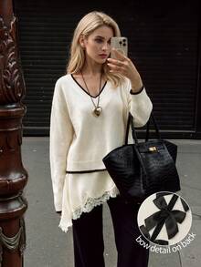Nicenter Women's V-Neck Contrast Trim 2 In 1 Lace Hem Wool Blend Pullover Sweater, Autumn Outfit For Outings, Dating, Shopping And Commuting - Apricot - View 1