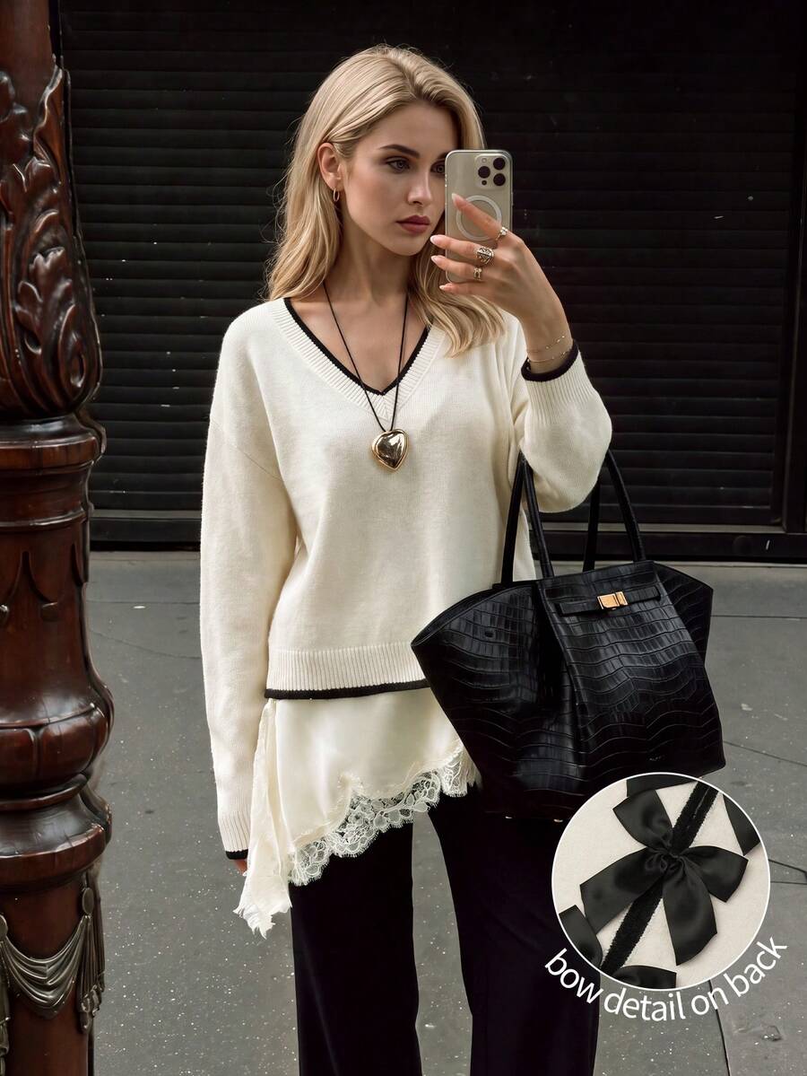 Nicenter Women's V-Neck Contrast Trim 2 In 1 Lace Hem Wool Blend Pullover Sweater, Autumn Outfit For Outings, Dating, Shopping And Commuting - Apricot - View 1