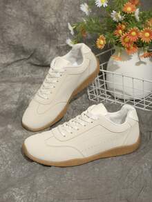 Women Casual Sneakers, Lace Up Design, Rounded Toe Structure - Beige - View 1