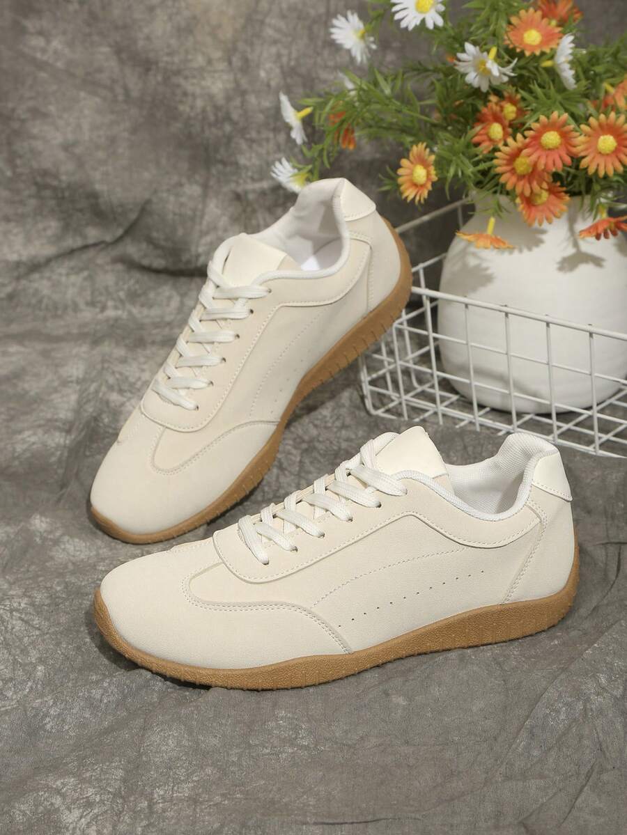 Women Casual Sneakers, Lace Up Design, Rounded Toe Structure - Beige - View 1