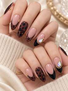 24pcs Autumn/Winter Atmosphere Leopard Print Press-On Nails Black Edge French Style Colorful Rhinestone Gold Bead Medium Long Almond Fake Nails - Multicolor - View 11