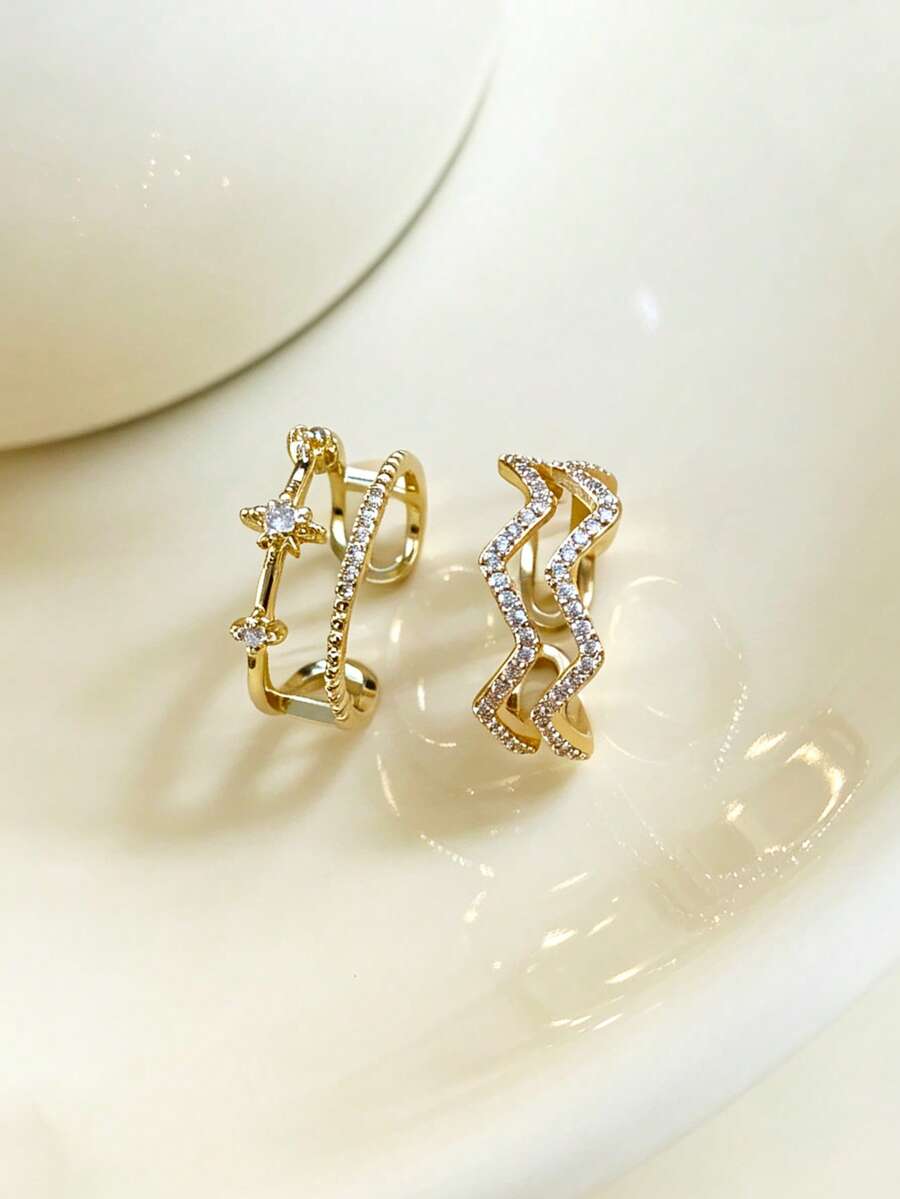 2pcs Copper Double Layer Wavy Starburst Open Ring Set, Vintage Delicate Personalized Design Finger Rings Suitable For Girls Daily And Holiday Wear - Gold - View 1