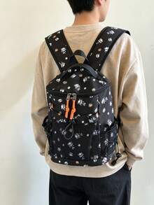 White Allover Baseball Panda Print Backpack, Drawstring Mesh Pocket Multi‑Pocket Lightweight Casual Daypack Rucksack For Teen Outdoor Daily Use - Multicolor - View 11