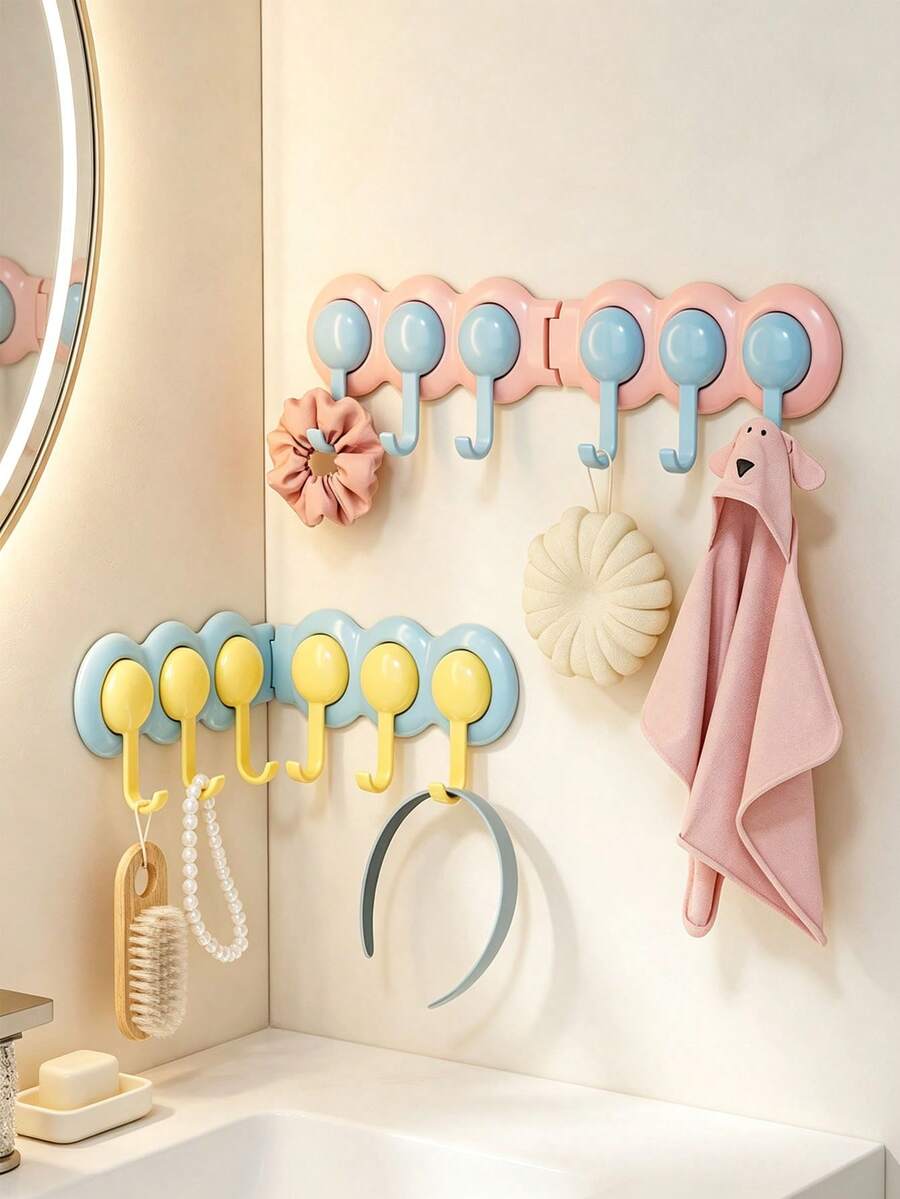 1PC/6PCS Connected Wall Hooks, Cute Multi-Purpose Hook Organizer, Decorative Hanging Rack For Towel, Hair Accessories, Keys, Small Items, Suitable For Washroom, Bedroom, Entrance, Stylish Household Storage Accessory For Daily Organization